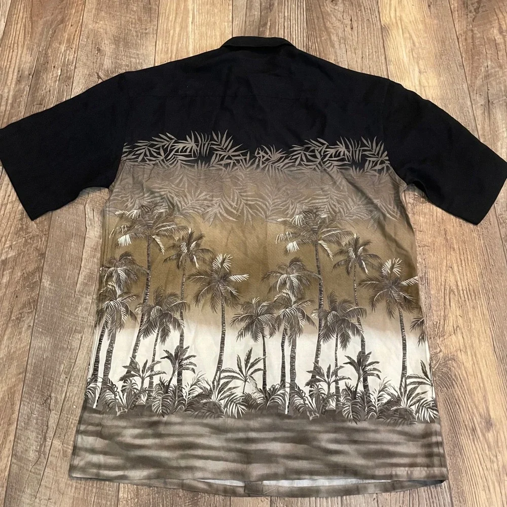 Campia Moda Mens Small Black Brown Tropical Palm‎ Tree Rayon Hawaiian Shirt S